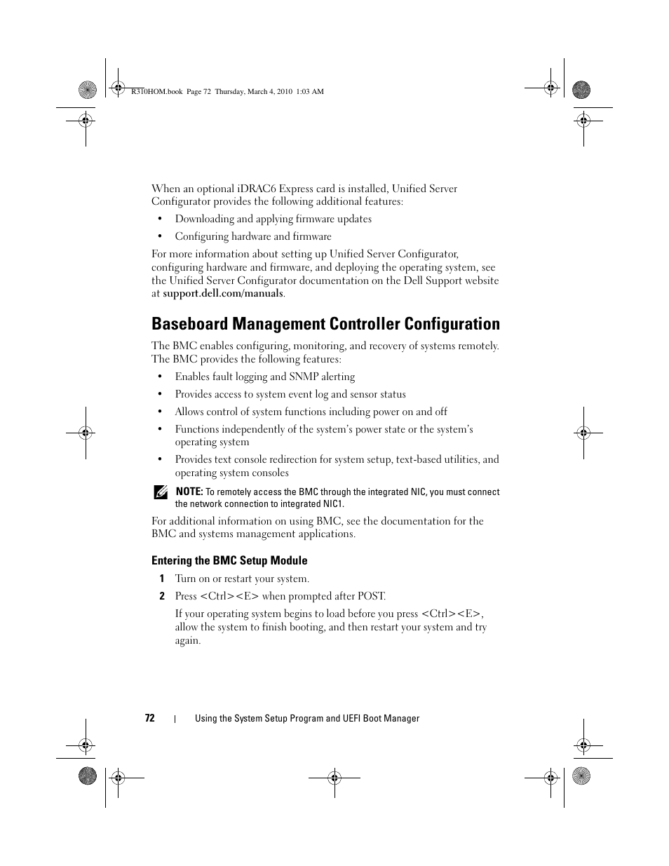 Baseboard management controller configuration, Entering the bmc setup module | Dell PowerEdge R310 User Manual | Page 72 / 176