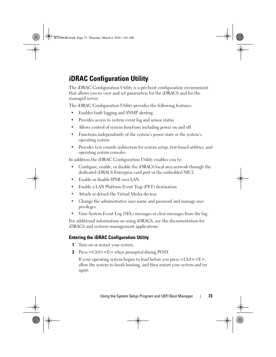 Idrac configuration utility, Entering the idrac configuration utility | Dell PowerEdge R310 User Manual | Page 73 / 176