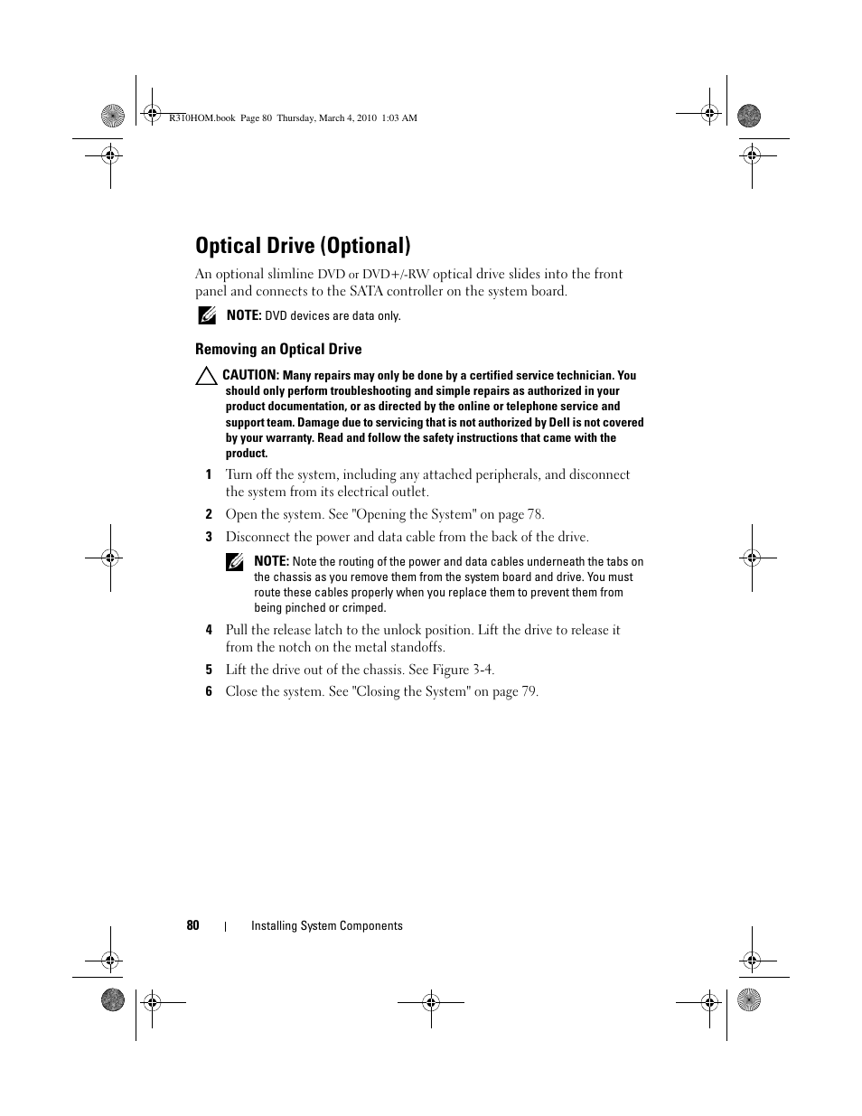Optical drive (optional), Removing an optical drive | Dell PowerEdge R310 User Manual | Page 80 / 176
