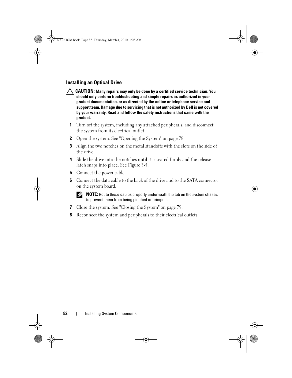 Installing an optical drive | Dell PowerEdge R310 User Manual | Page 82 / 176