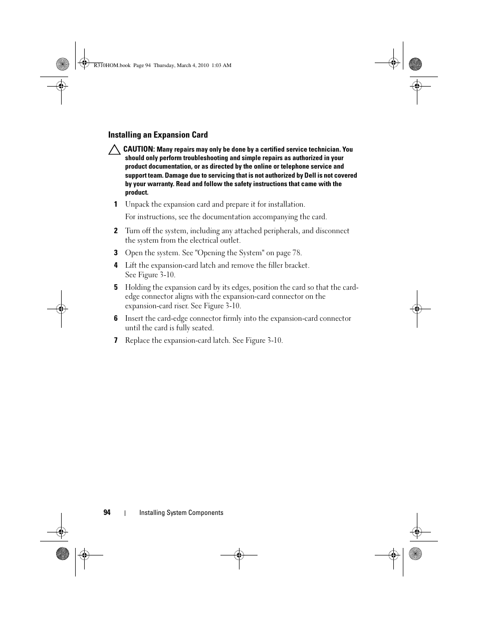 Installing an expansion card | Dell PowerEdge R310 User Manual | Page 94 / 176