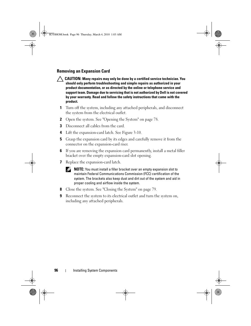 Removing an expansion card | Dell PowerEdge R310 User Manual | Page 96 / 176