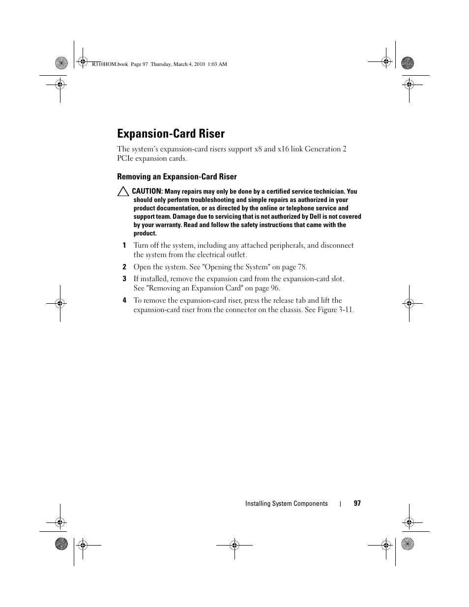 Expansion-card riser, Removing an expansion-card riser | Dell PowerEdge R310 User Manual | Page 97 / 176