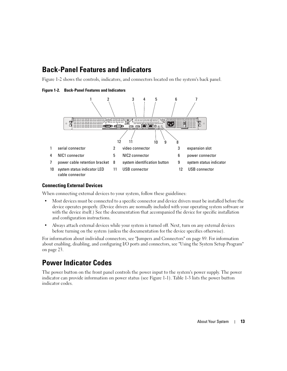 Back-panel features and indicators, Connecting external devices, Power indicator codes | Dell PowerEdge SC1435 User Manual | Page 13 / 132