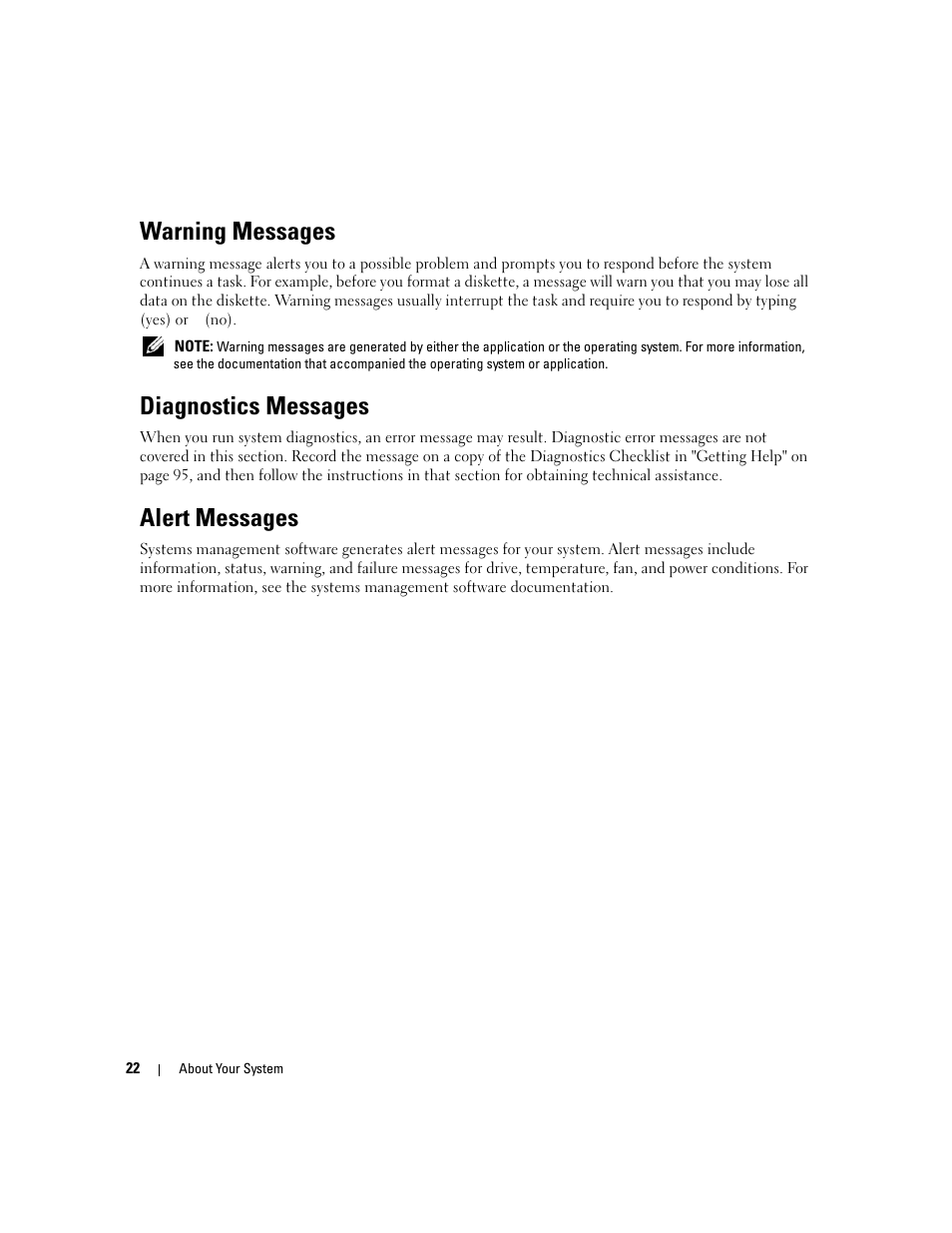 Warning messages, Diagnostics messages, Alert messages | Dell PowerEdge SC1435 User Manual | Page 22 / 132
