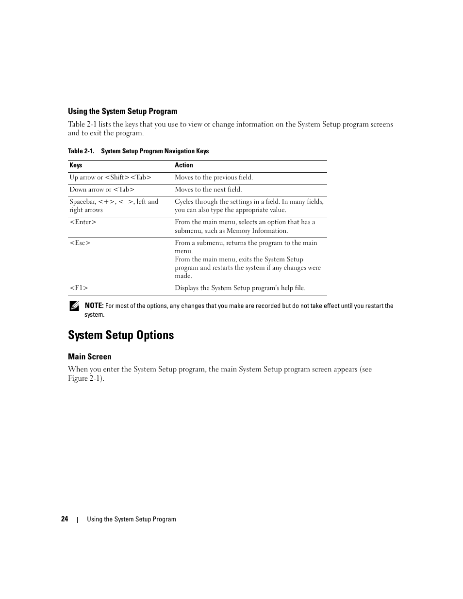 Using the system setup program, System setup options, Main screen | Dell PowerEdge SC1435 User Manual | Page 24 / 132