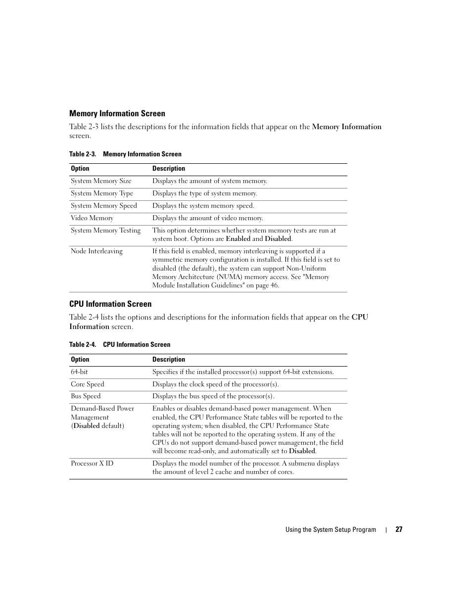 Memory information screen, Cpu information screen | Dell PowerEdge SC1435 User Manual | Page 27 / 132