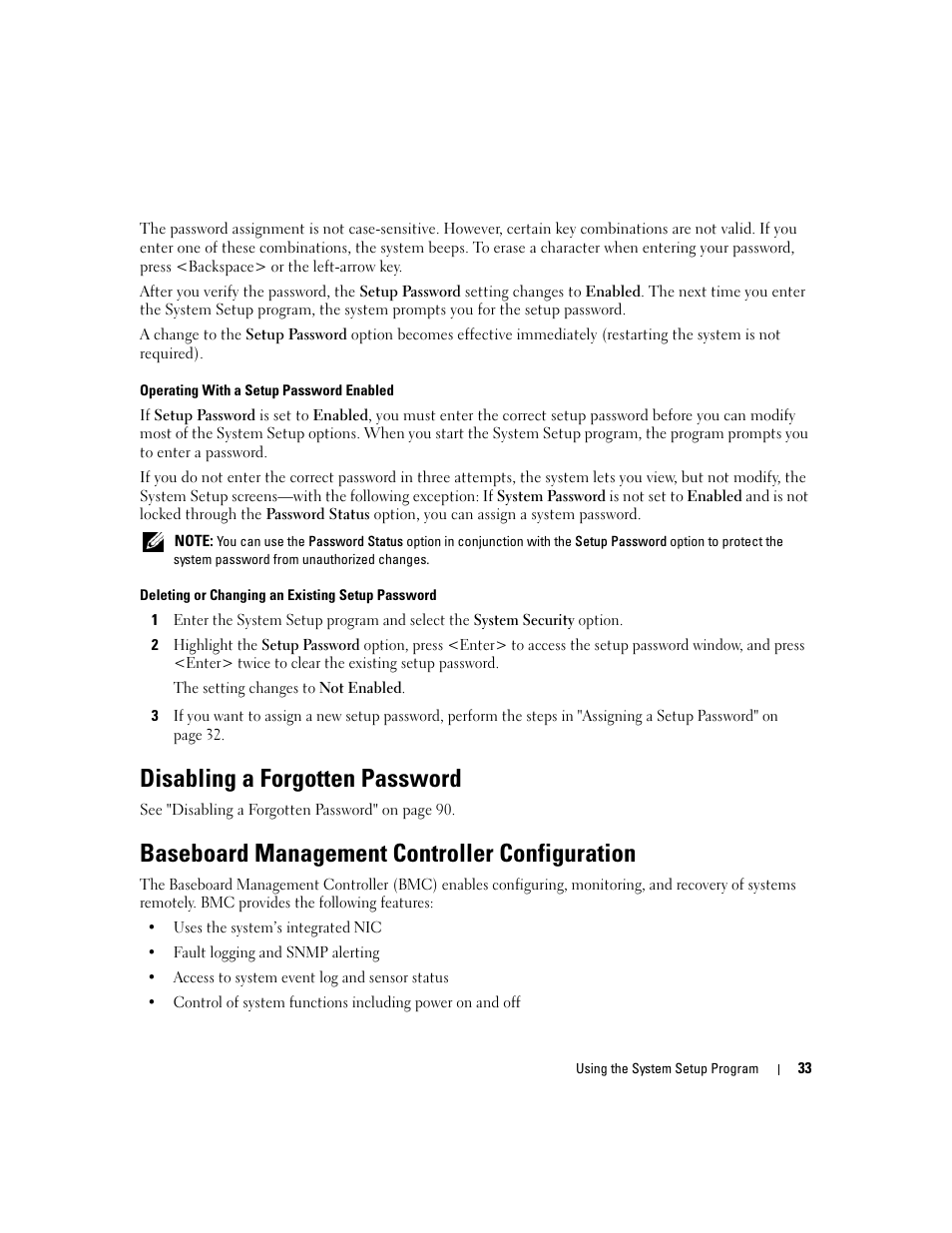 Disabling a forgotten password, Baseboard management controller configuration | Dell PowerEdge SC1435 User Manual | Page 33 / 132