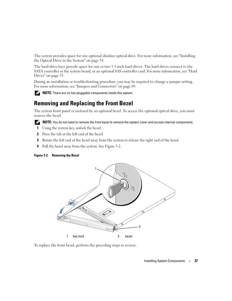 Removing and replacing the front bezel | Dell PowerEdge SC1435 User Manual | Page 37 / 132