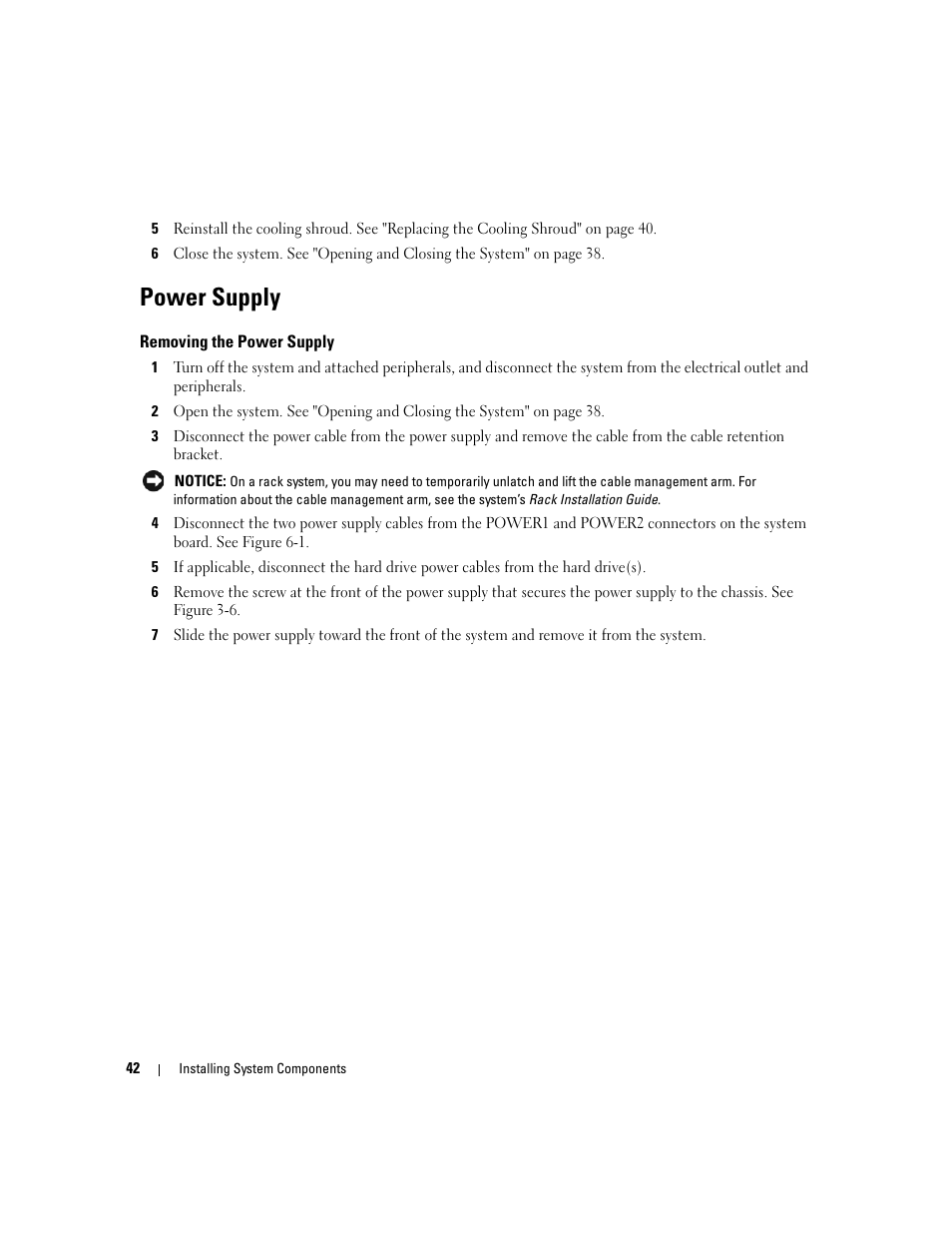 Power supply, Removing the power supply | Dell PowerEdge SC1435 User Manual | Page 42 / 132