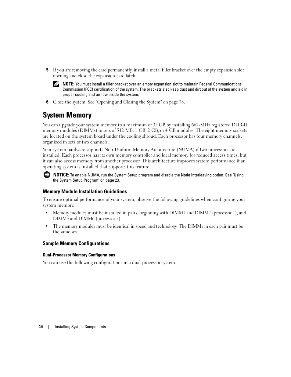 System memory, Memory module installation guidelines, Sample memory configurations | Dell PowerEdge SC1435 User Manual | Page 46 / 132
