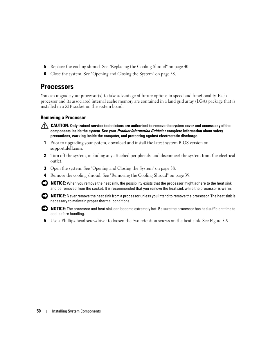 Processors, Removing a processor | Dell PowerEdge SC1435 User Manual | Page 50 / 132