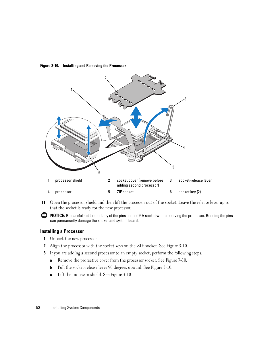 Installing a processor | Dell PowerEdge SC1435 User Manual | Page 52 / 132