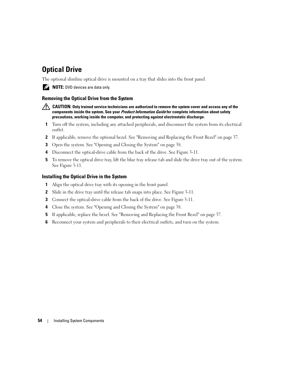 Optical drive, Removing the optical drive from the system, Installing the optical drive in the system | Dell PowerEdge SC1435 User Manual | Page 54 / 132
