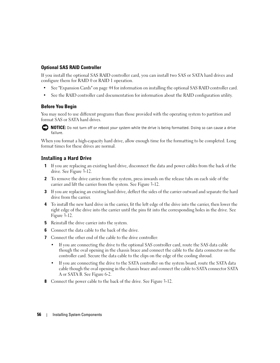 Optional sas raid controller, Before you begin, Installing a hard drive | Dell PowerEdge SC1435 User Manual | Page 56 / 132