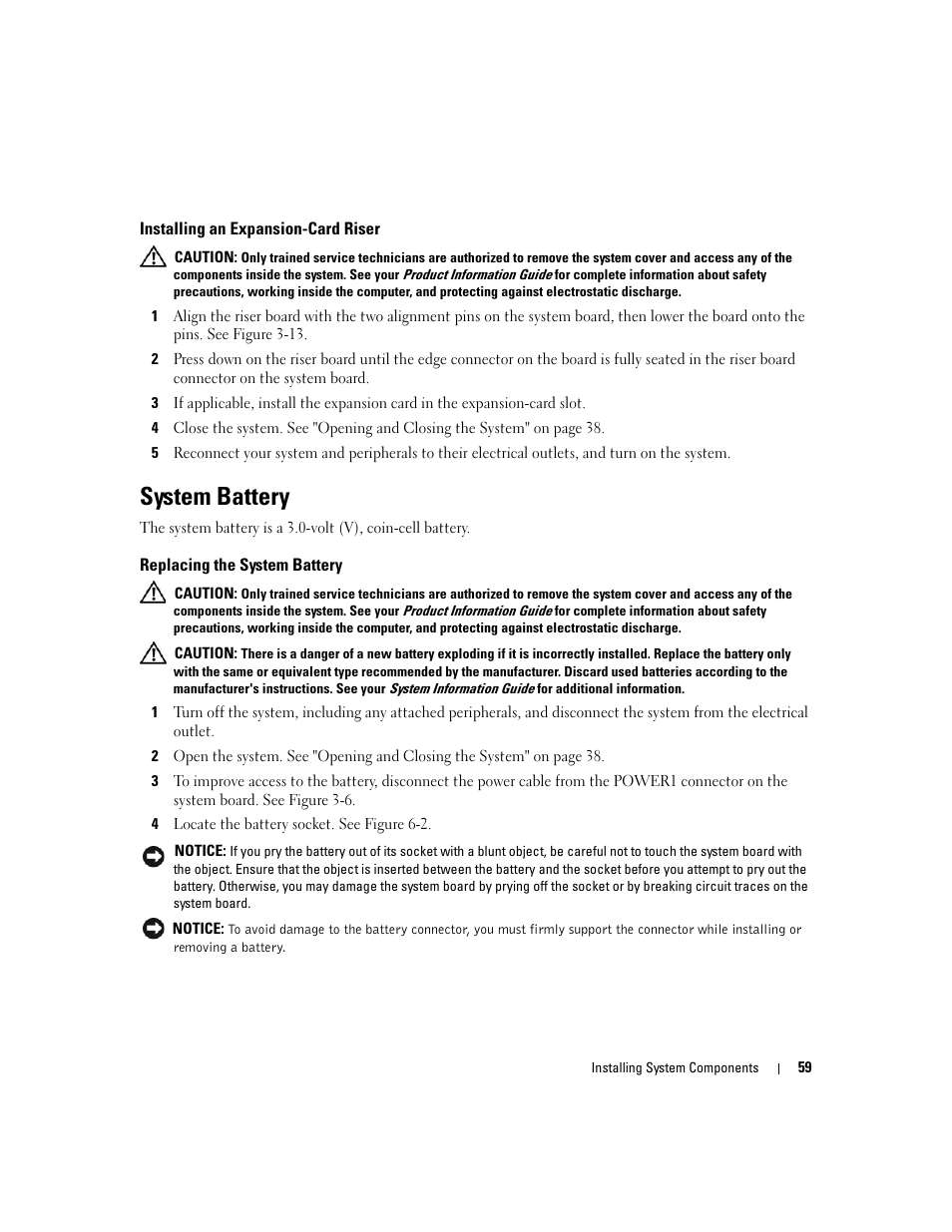 Installing an expansion-card riser, System battery, Replacing the system battery | Dell PowerEdge SC1435 User Manual | Page 59 / 132