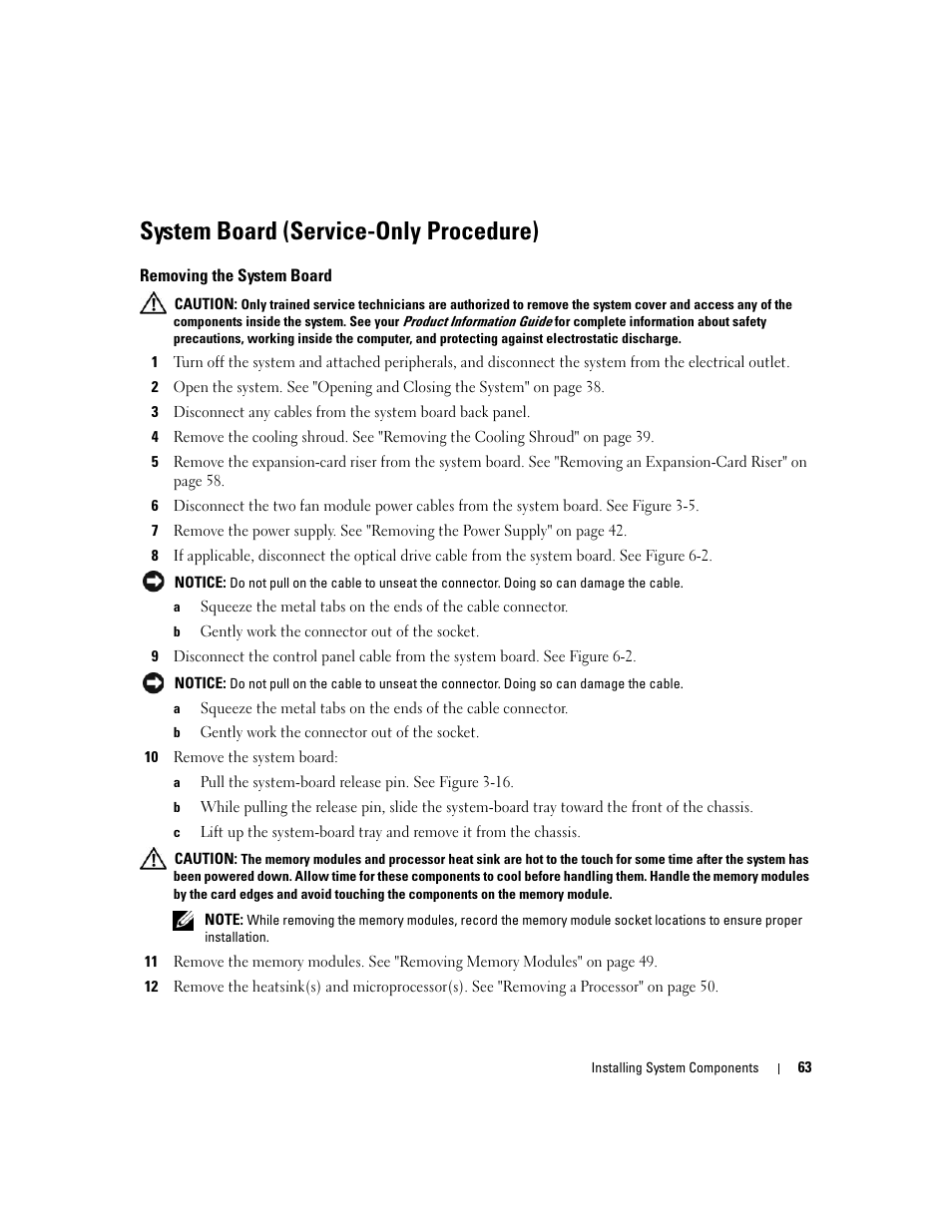 System board (service-only procedure), Removing the system board | Dell PowerEdge SC1435 User Manual | Page 63 / 132