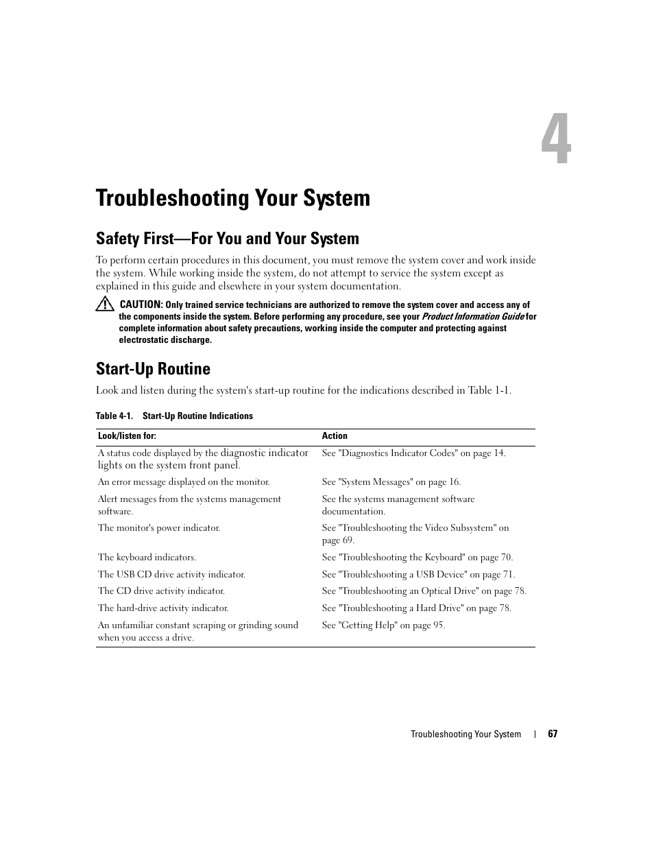 Troubleshooting your system, Safety first-for you and your system, Start-up routine | Safety first—for you and your system | Dell PowerEdge SC1435 User Manual | Page 67 / 132
