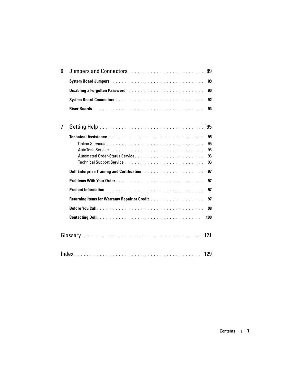 6jumpers and connectors, 7getting help, Glossary | 121 index | Dell PowerEdge SC1435 User Manual | Page 7 / 132