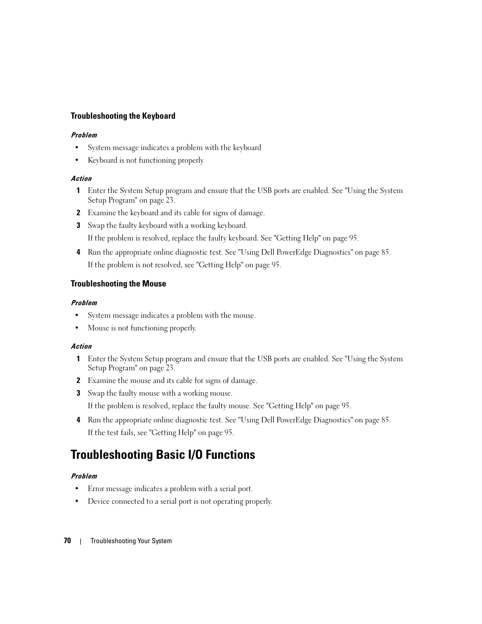 Troubleshooting the keyboard, Troubleshooting the mouse, Troubleshooting basic i/o functions | Dell PowerEdge SC1435 User Manual | Page 70 / 132