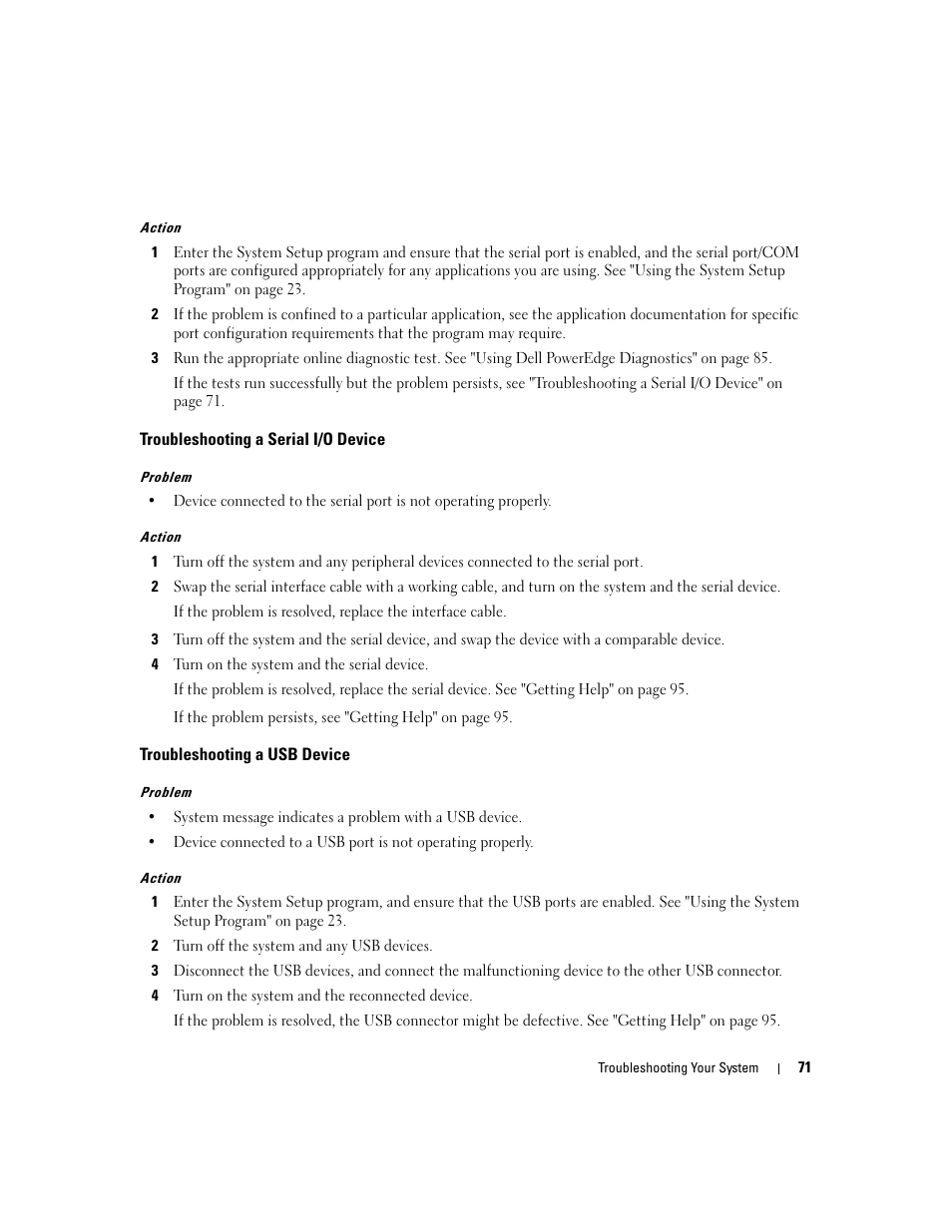 Troubleshooting a serial i/o device, Troubleshooting a usb device | Dell PowerEdge SC1435 User Manual | Page 71 / 132
