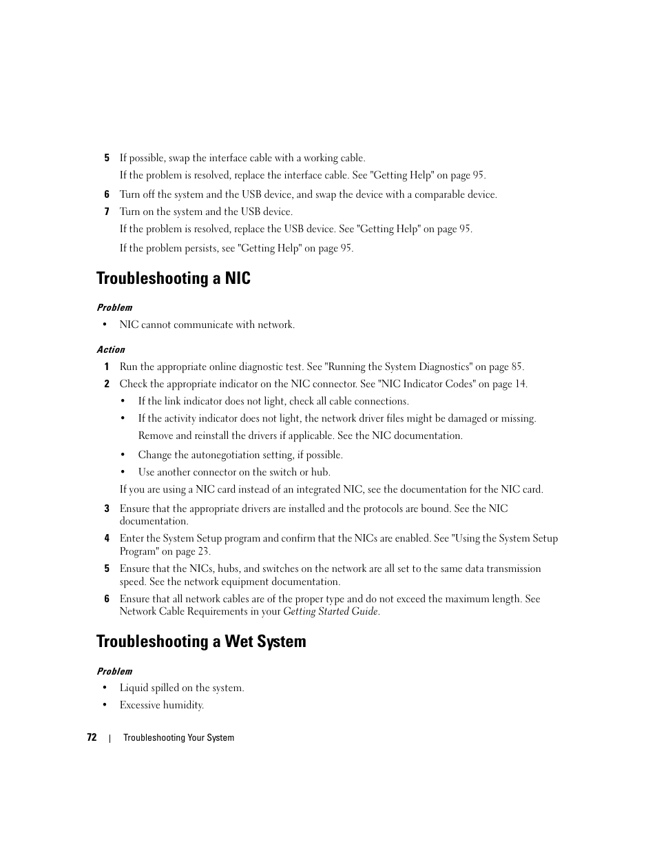 Troubleshooting a nic, Troubleshooting a wet system | Dell PowerEdge SC1435 User Manual | Page 72 / 132