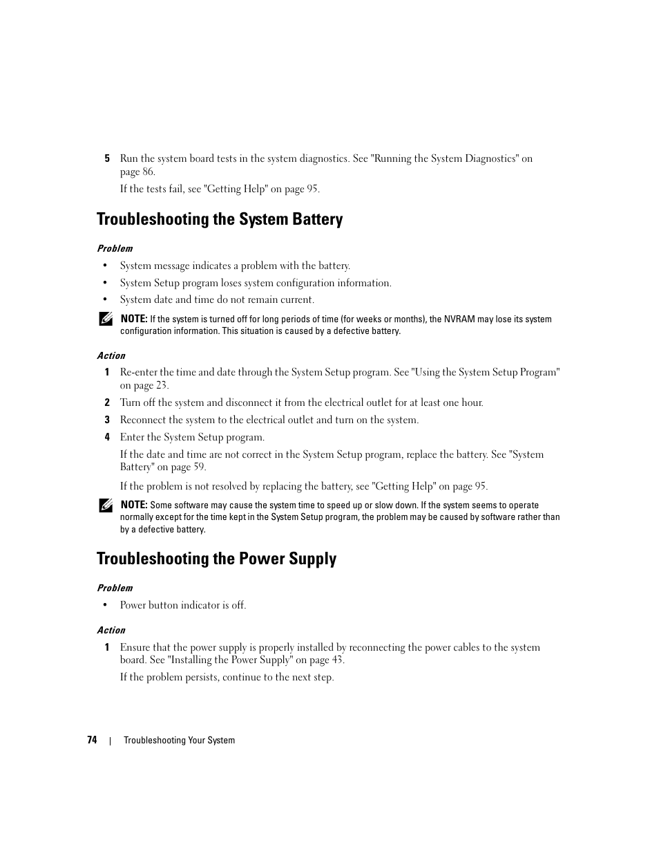 Troubleshooting the system battery, Troubleshooting the power supply | Dell PowerEdge SC1435 User Manual | Page 74 / 132