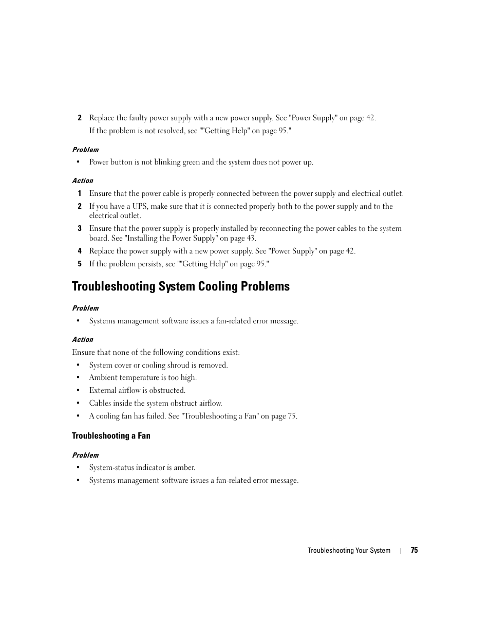 Troubleshooting system cooling problems, Troubleshooting a fan | Dell PowerEdge SC1435 User Manual | Page 75 / 132