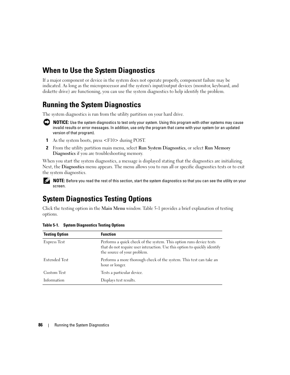 When to use the system diagnostics, Running the system diagnostics, System diagnostics testing options | Ostics. see "running the system diagnostics" on | Dell PowerEdge SC1435 User Manual | Page 86 / 132