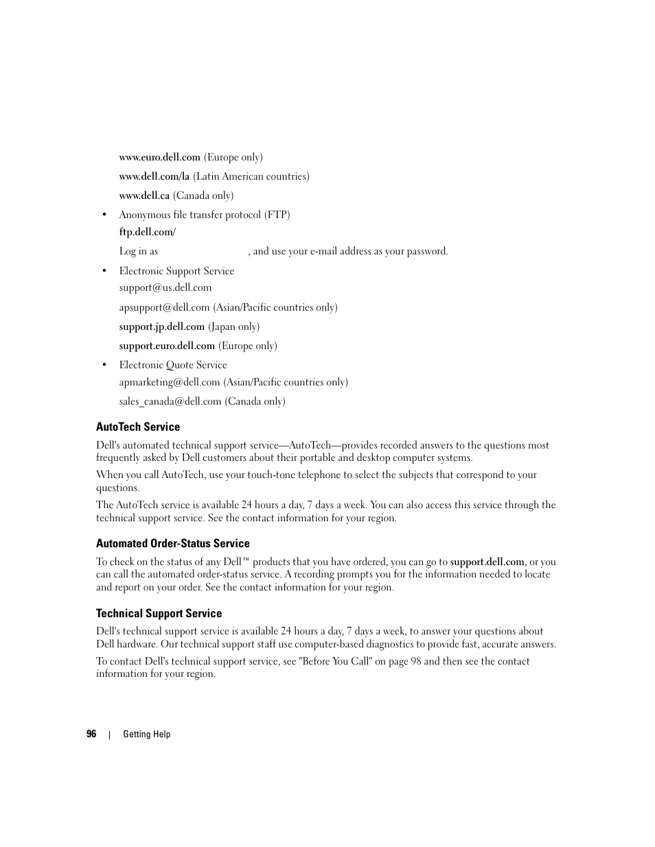 Autotech service, Automated order-status service, Technical support service | Dell PowerEdge SC1435 User Manual | Page 96 / 132