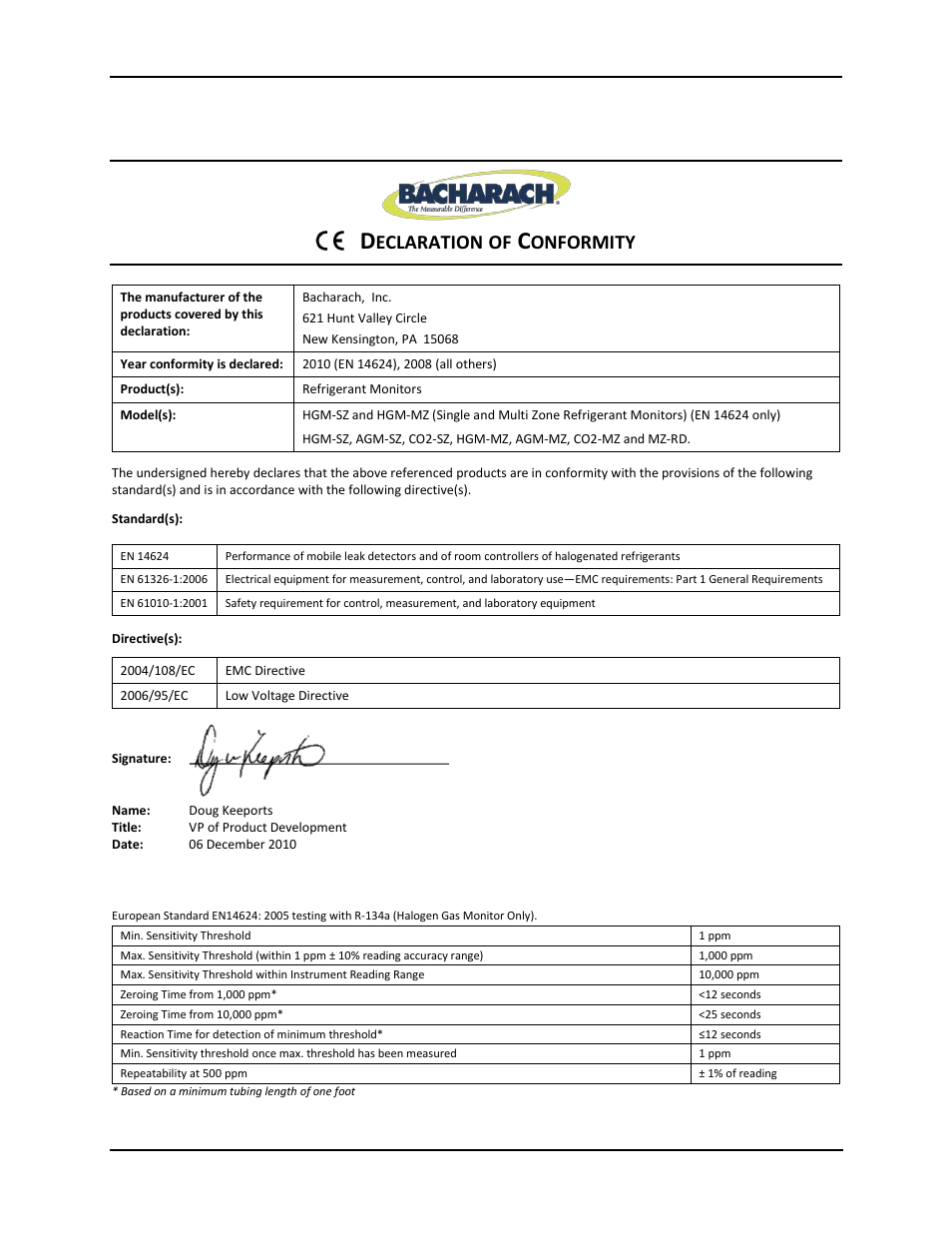 Appendix b. agency approvals, Eclaration, Onformity | Bacharach 3015-4286 User Manual | Page 38 / 40