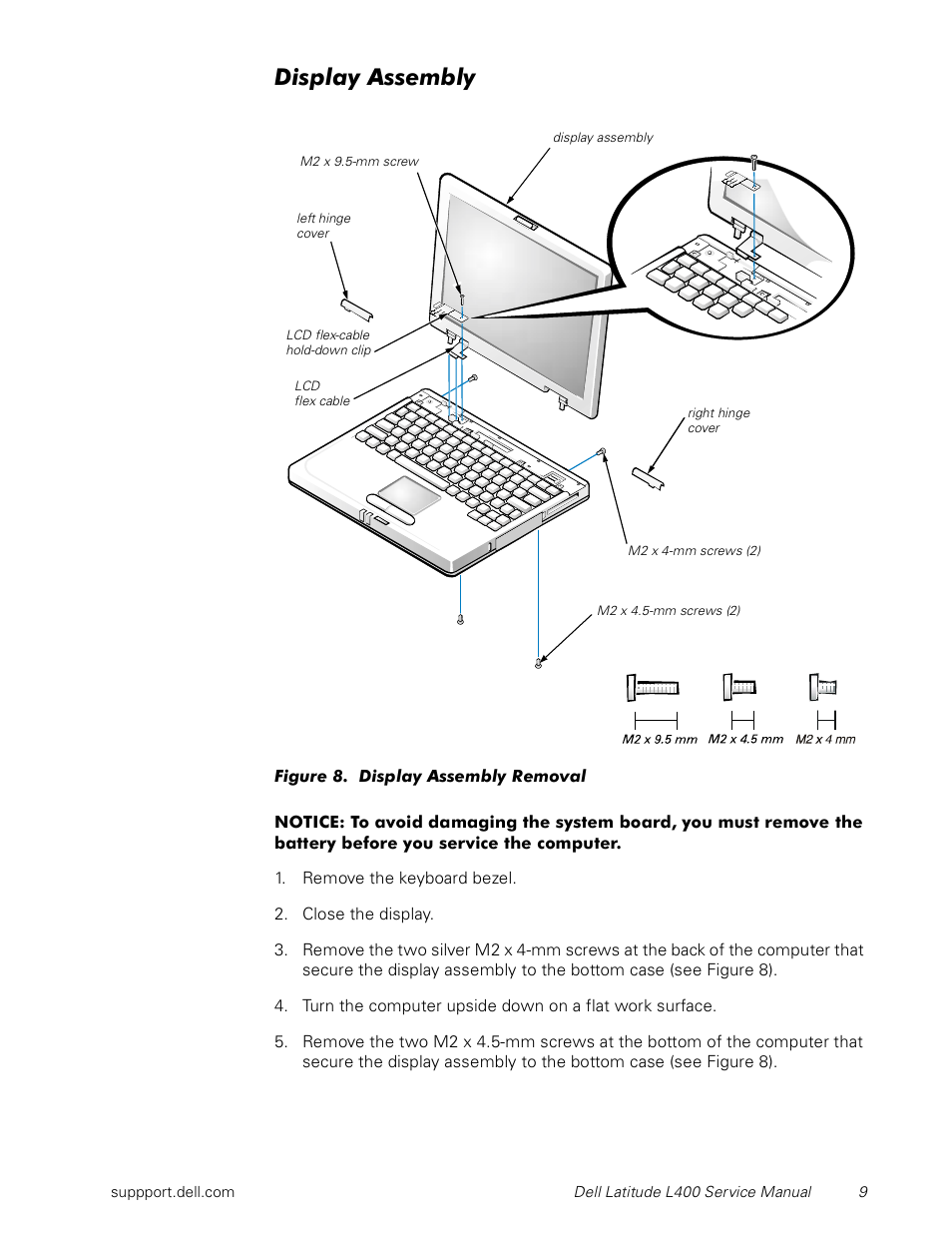 Display assembly, Figure 8, Display assembly removal | Dell Latitude L400 User Manual | Page 15 / 44