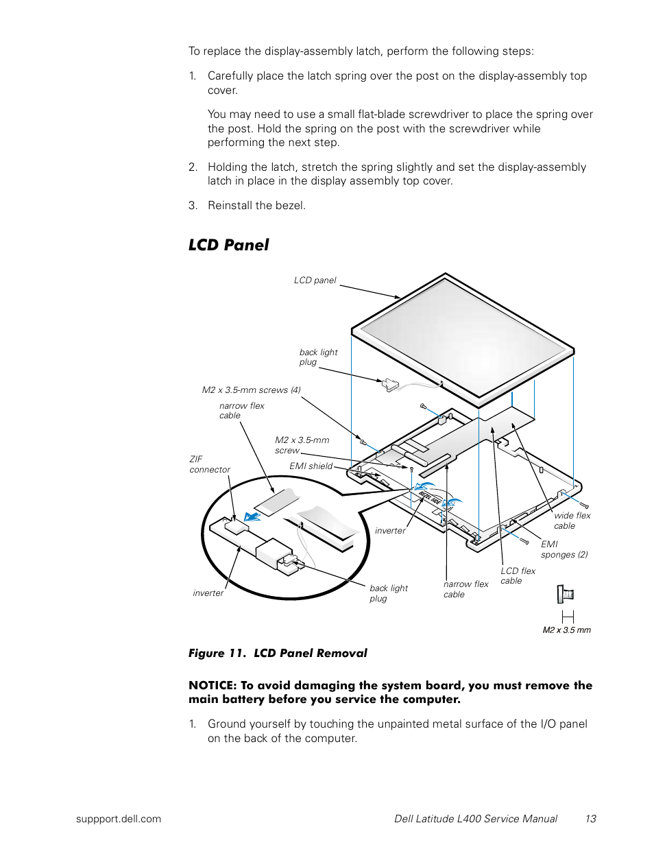 Lcd panel, Figure 11. lcd panel removal | Dell Latitude L400 User Manual | Page 19 / 44