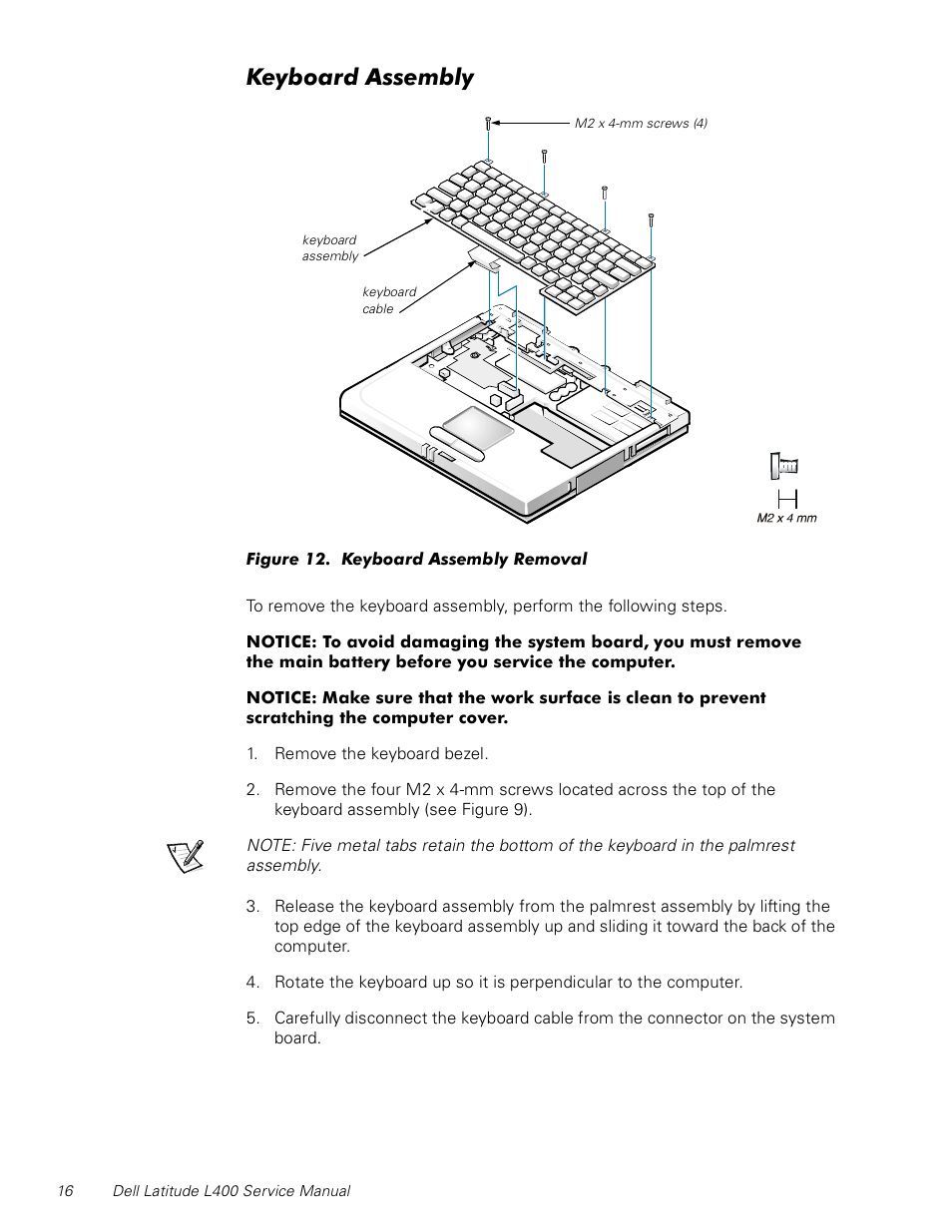 Keyboard assembly, Figure 12. keyboard assembly removal | Dell Latitude L400 User Manual | Page 22 / 44