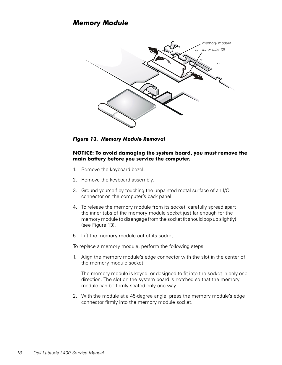 Memory module, Figure 13. memory module removal | Dell Latitude L400 User Manual | Page 24 / 44