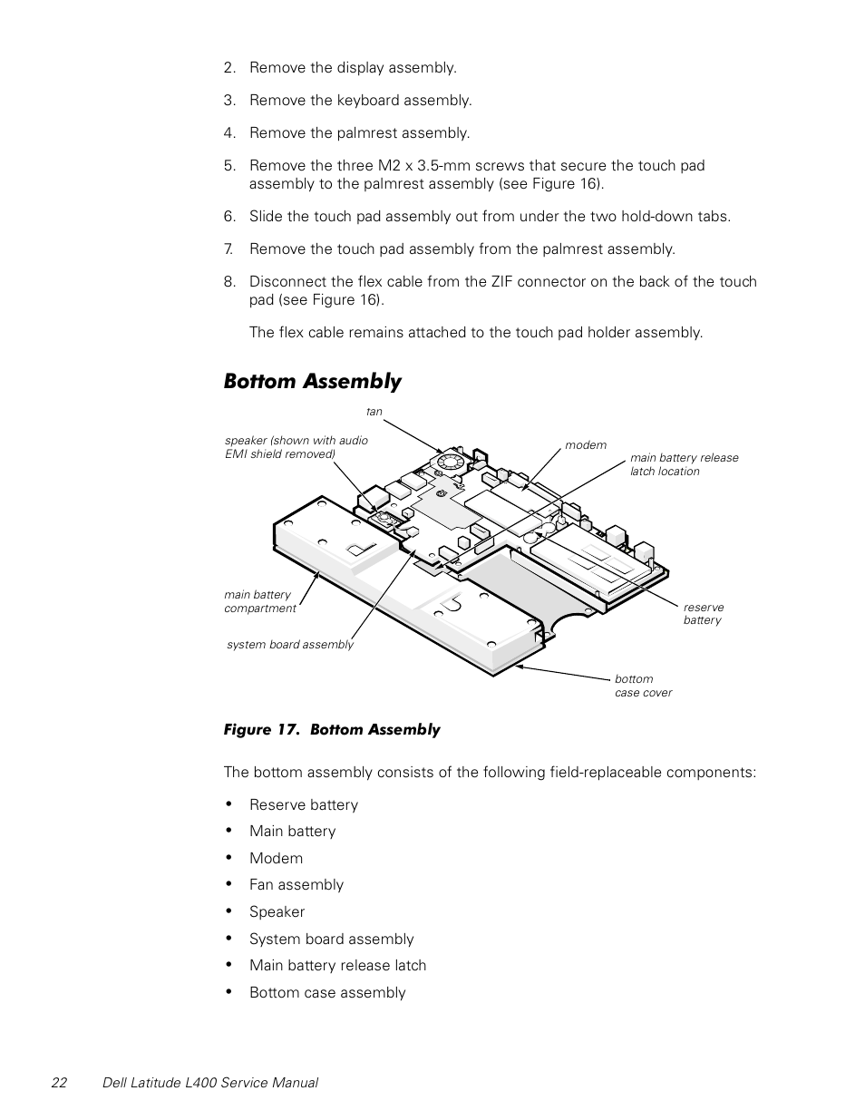 Bottom assembly, Figure 17. bottom assembly | Dell Latitude L400 User Manual | Page 28 / 44
