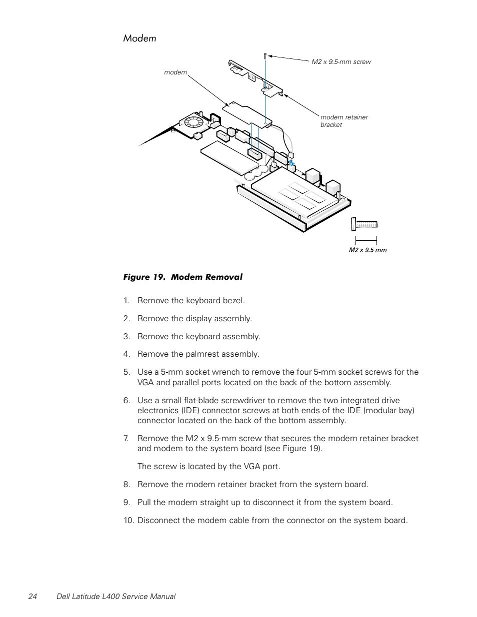 Modem, Figure 19. modem removal | Dell Latitude L400 User Manual | Page 30 / 44
