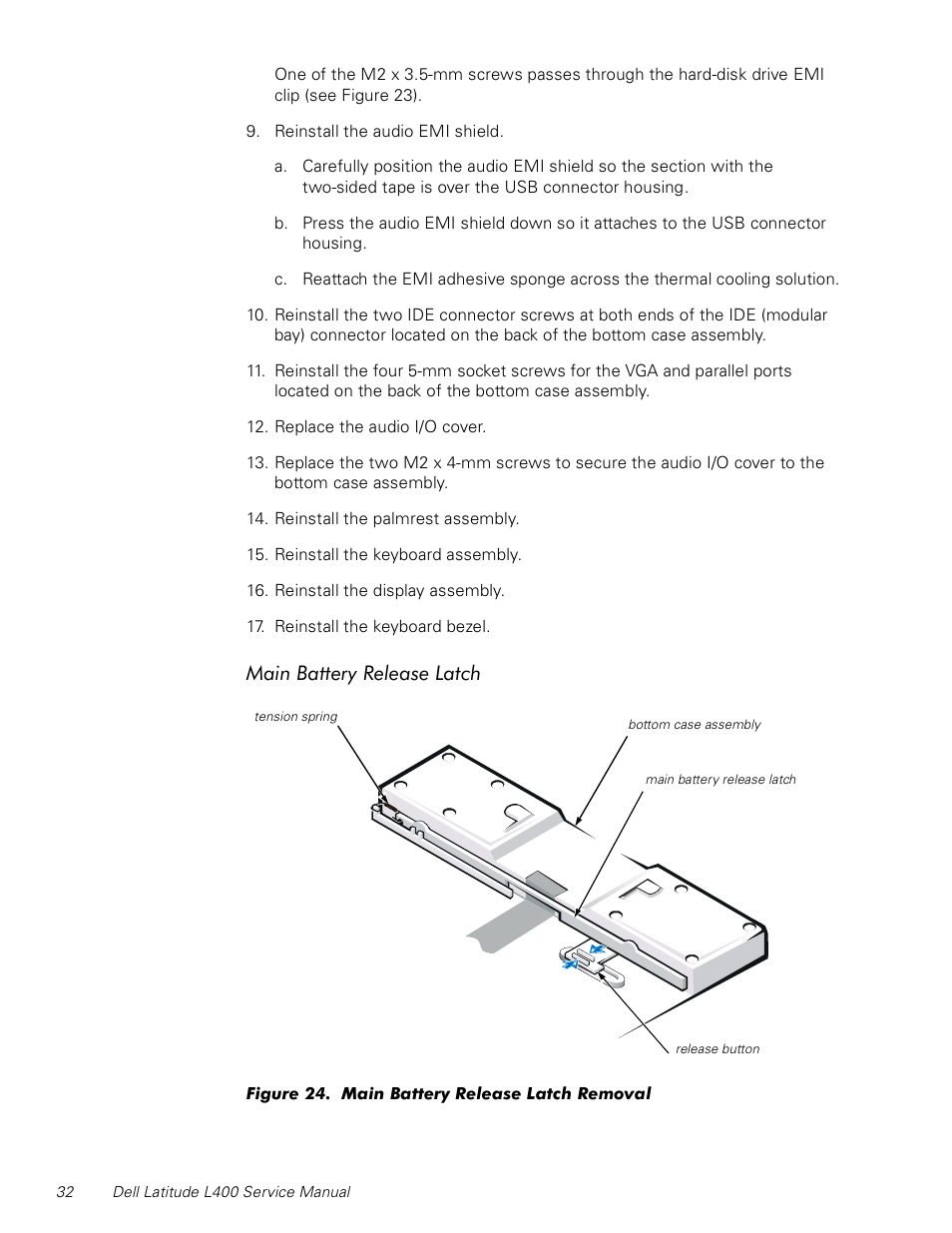 Main battery release latch, Figure 24. main battery release latch removal | Dell Latitude L400 User Manual | Page 38 / 44