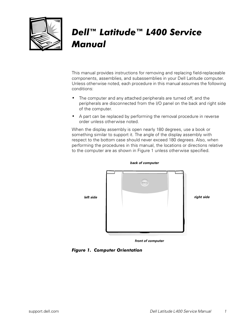 Dell™ latitude™ l400 service manual, Figure 1, Computer orientation | Dell Latitude L400 User Manual | Page 7 / 44