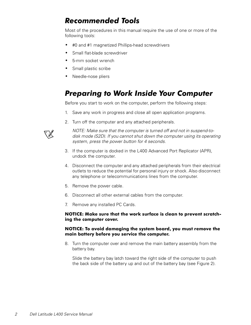 Recommended tools, Preparing to work inside your computer | Dell Latitude L400 User Manual | Page 8 / 44