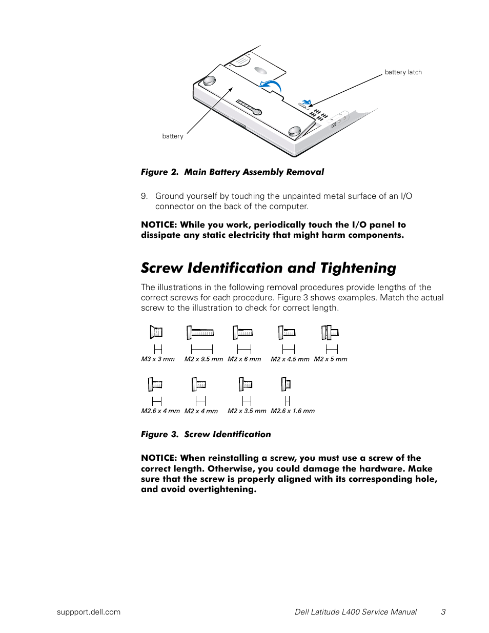 Screw identification and tightening, Figure 2, Main battery assembly removal | Figure 3, Screw identification | Dell Latitude L400 User Manual | Page 9 / 44