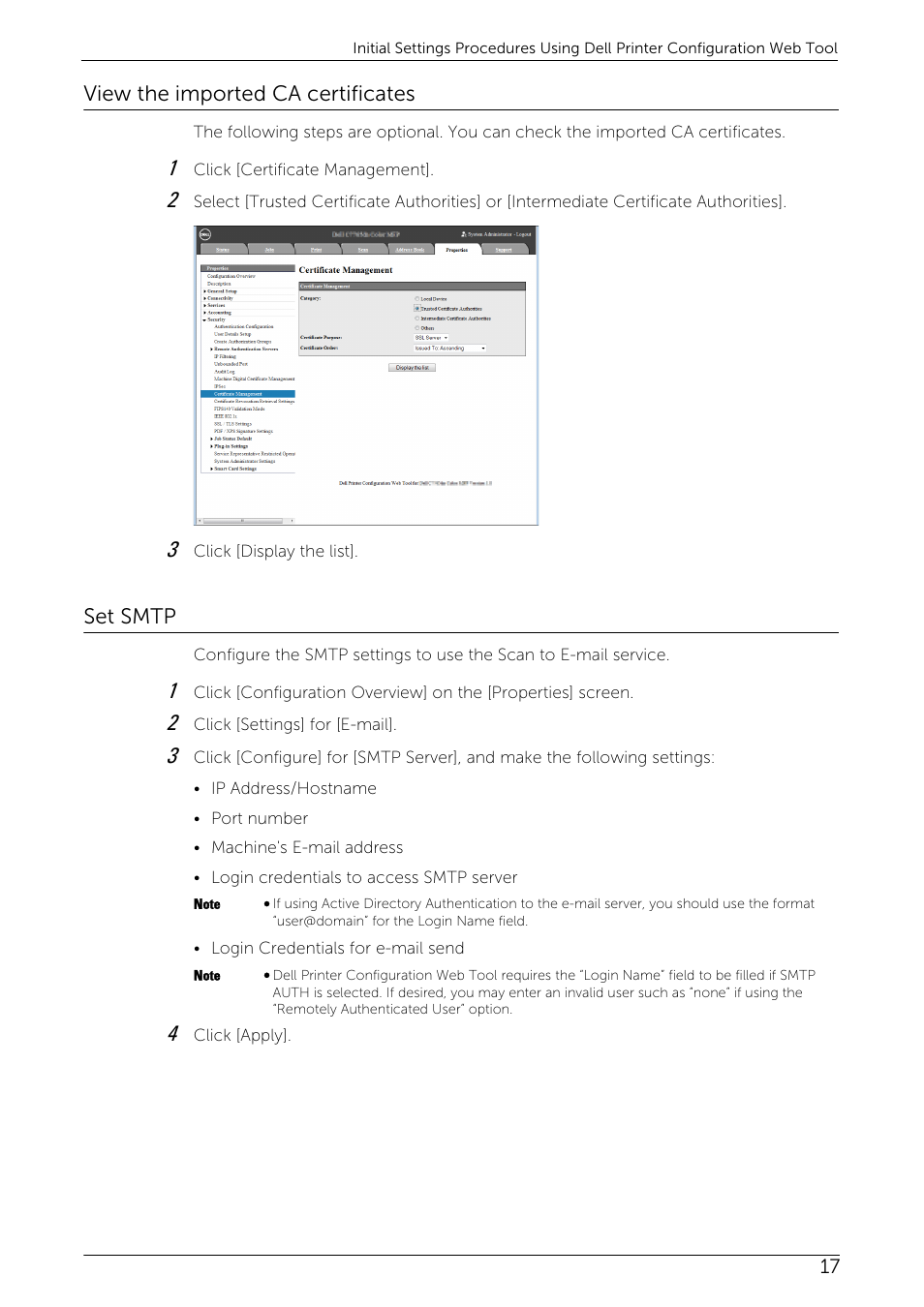 View the imported ca certificates, Set smtp, View the imported ca certificates set smtp | Dell C5765DN MFP Color Laser Printer User Manual | Page 17 / 53