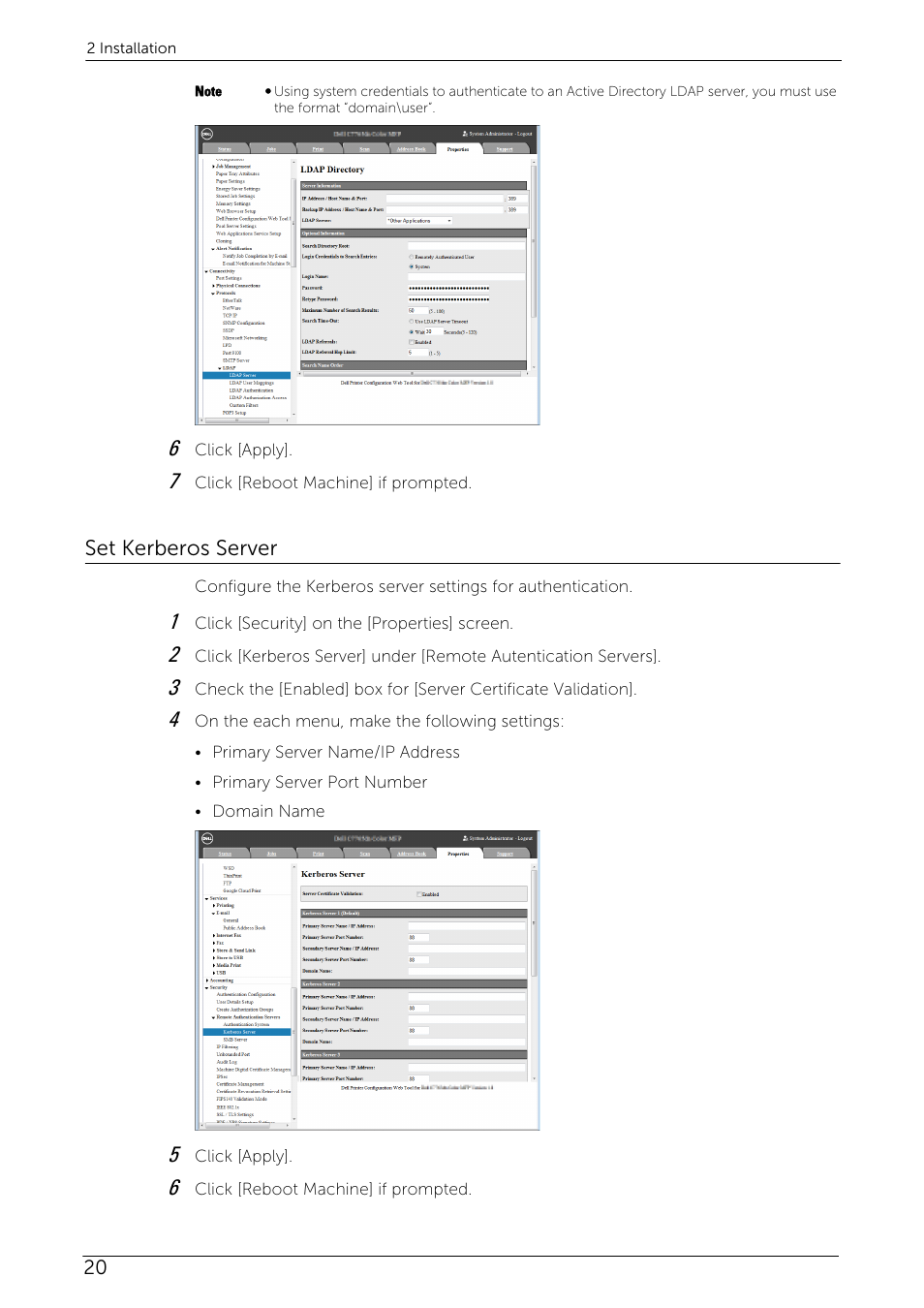 Set kerberos server | Dell C5765DN MFP Color Laser Printer User Manual | Page 20 / 53