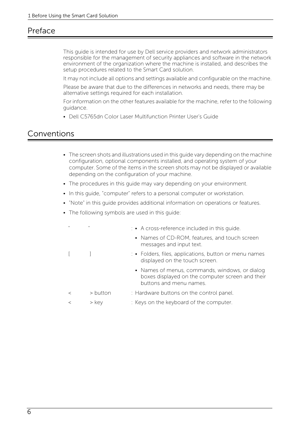 Preface, Conventions | Dell C5765DN MFP Color Laser Printer User Manual | Page 6 / 53