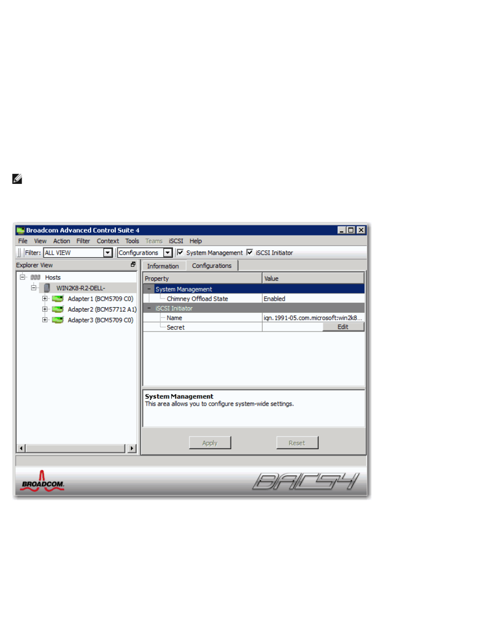 Information tab: iscsi initiator, Configuration tab: system management | Dell Broadcom NetXtreme Family of Adapters User Manual | Page 179 / 264