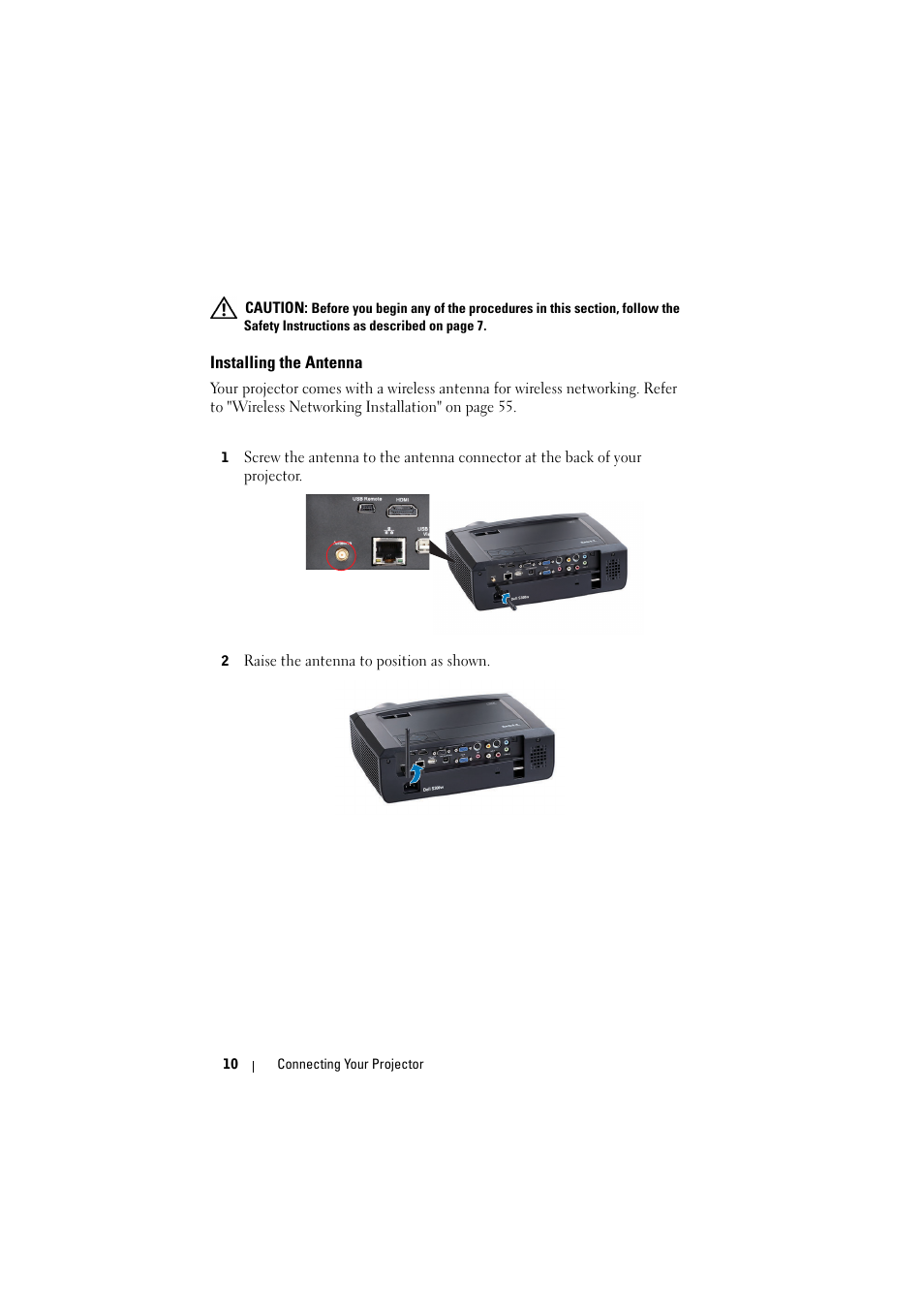 Installing the antenna | Dell S300w Projector User Manual | Page 10 / 109