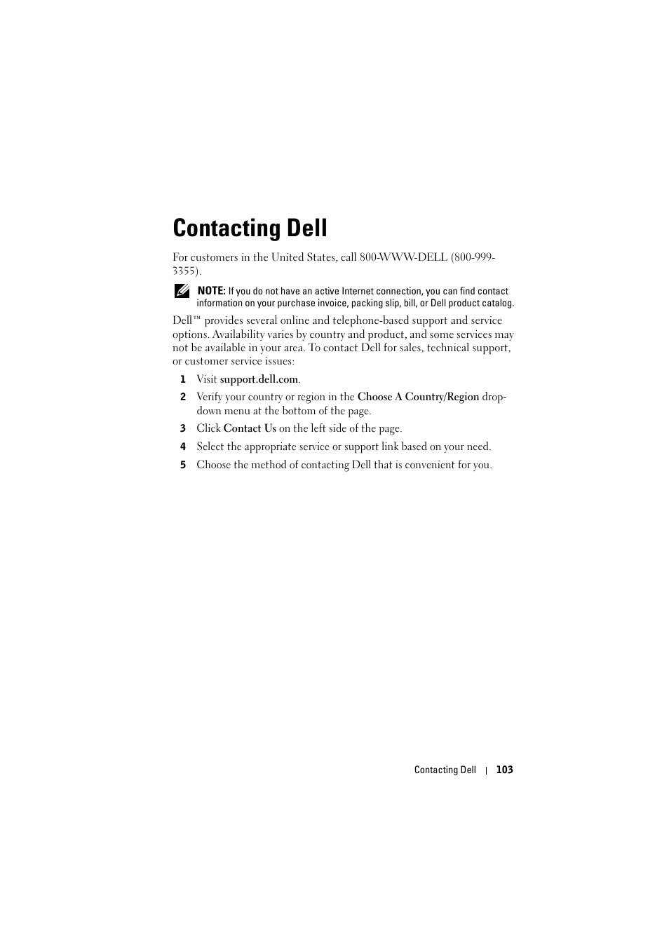 Contacting dell | Dell S300w Projector User Manual | Page 103 / 109