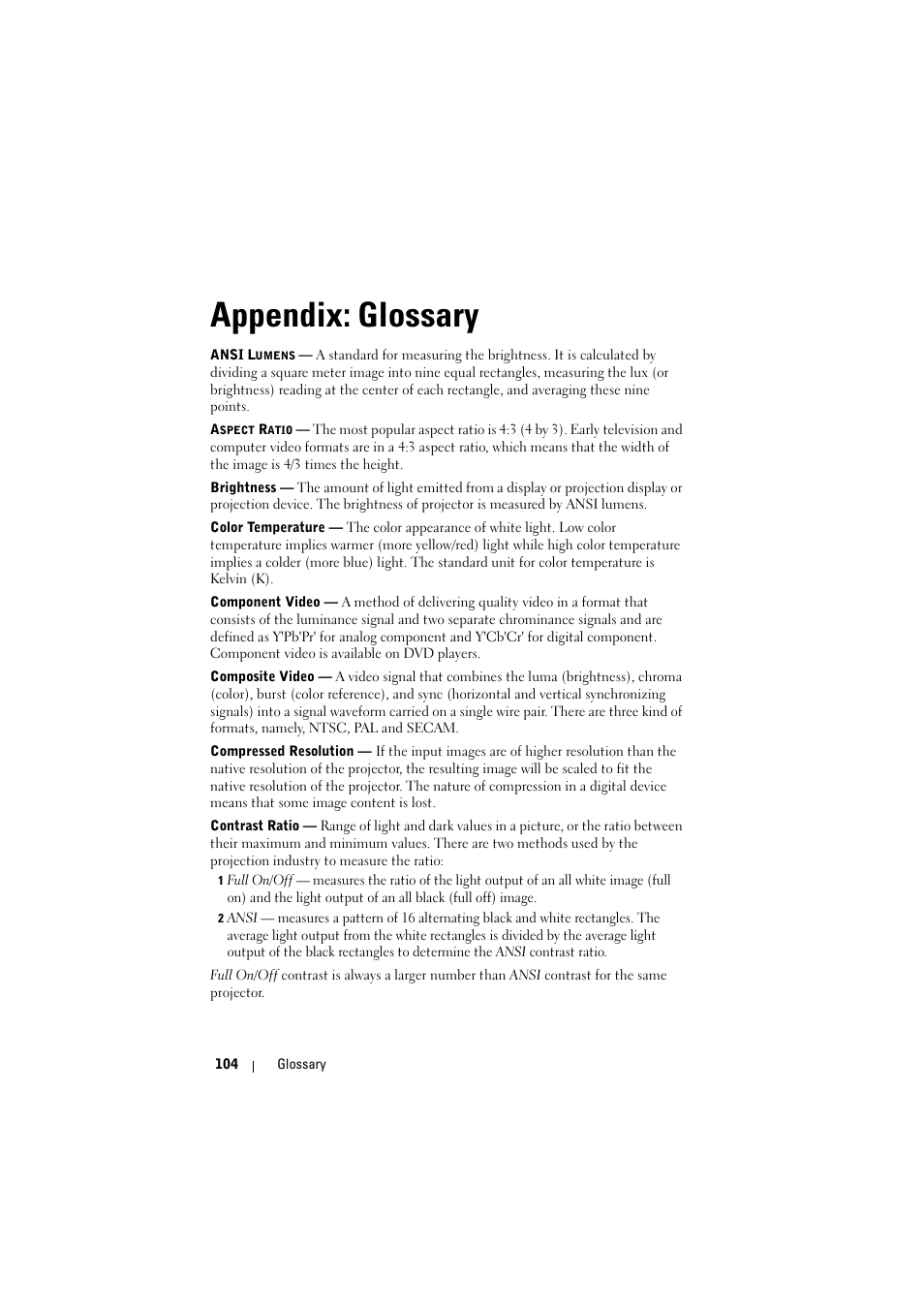 Appendix: glossary, Appendix, Glossary | Dell S300w Projector User Manual | Page 104 / 109