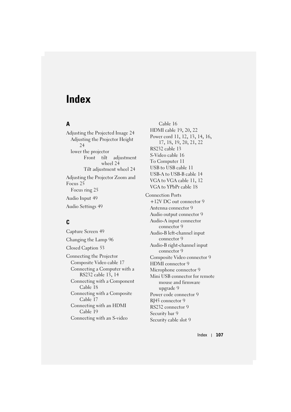 Index | Dell S300w Projector User Manual | Page 107 / 109