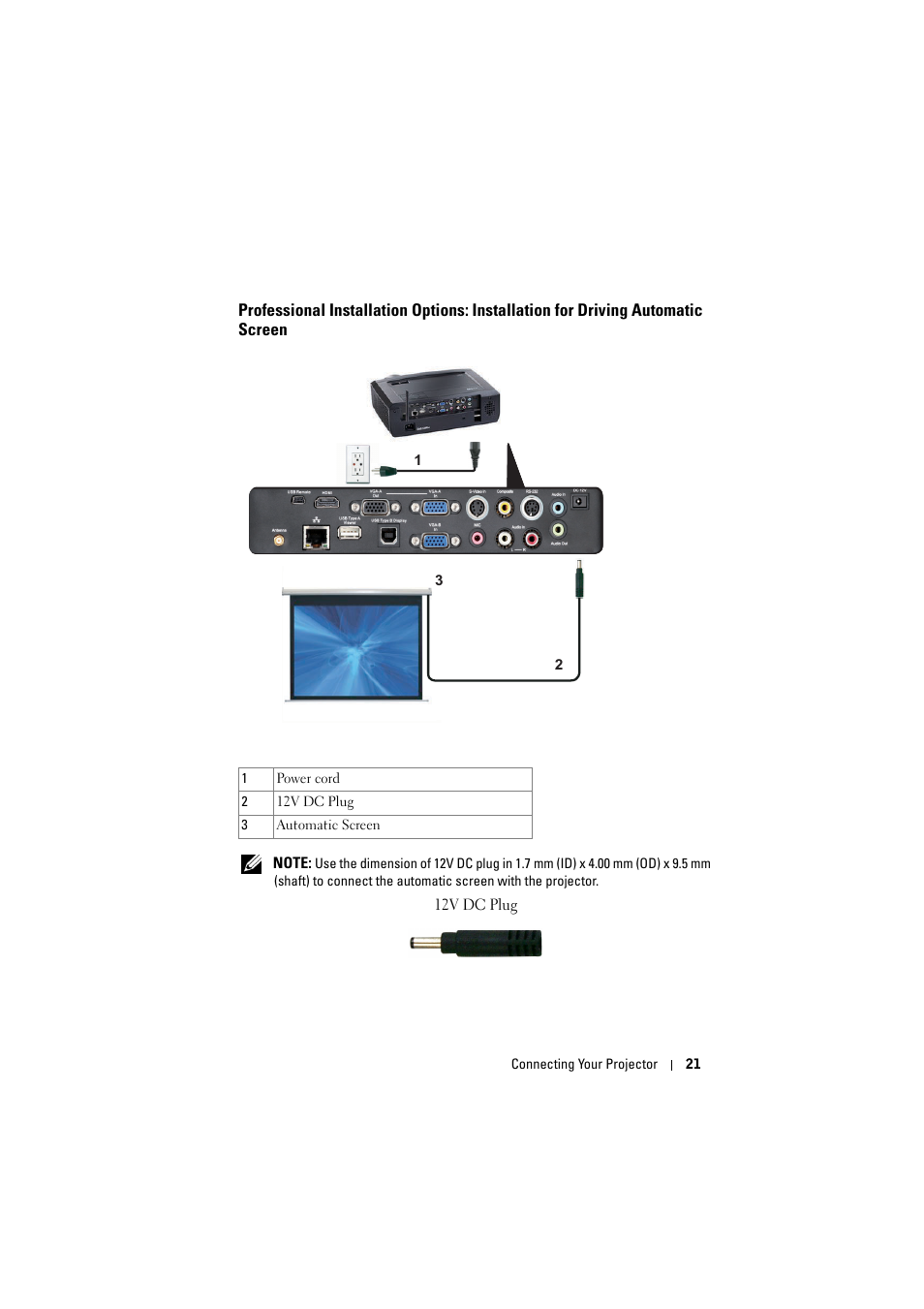 Driving automatic screen | Dell S300w Projector User Manual | Page 21 / 109